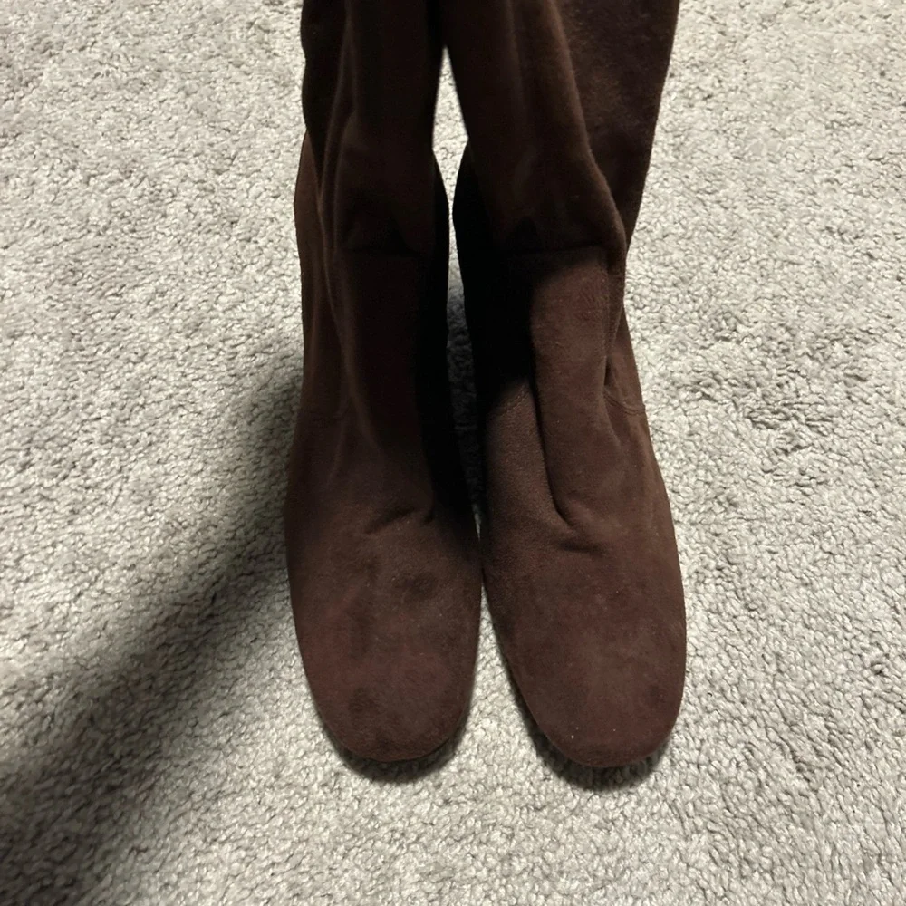 Brown Stretch Faux Suede Wedge Heel Zipper Boots 8